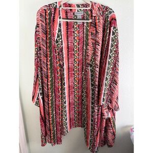 Catherines Geo Stripe Open Front Kimono Bohemian Cardigan Coral Olive Green 5X